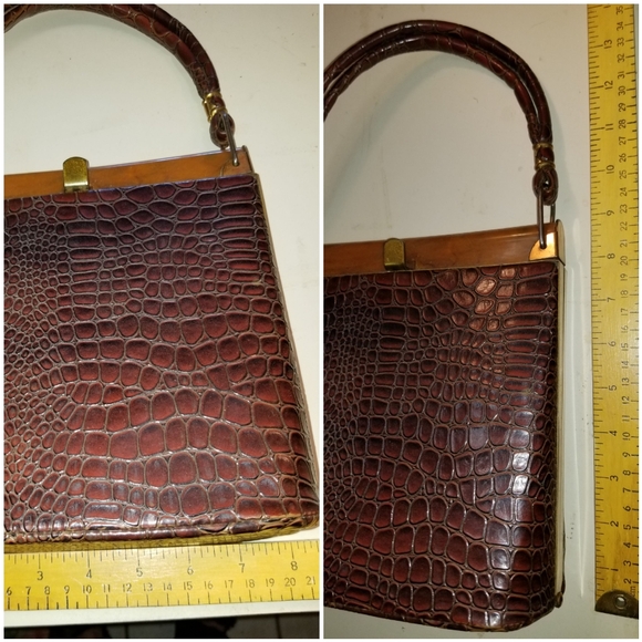Vtg CROC embossed leather & bakelite handbag - Picture 6 of 7